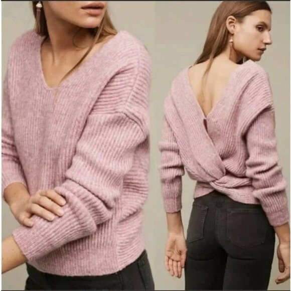 Anthropologie Angel Of The North Twist Back Rose Cropped V-Neck Sweater  M - Picture 1 of 8
